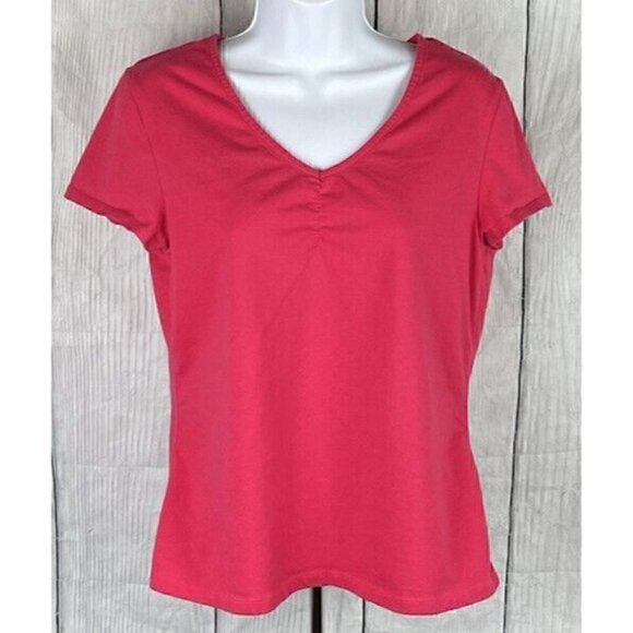 Croft & Barrow Womens Medium Short Sleeve Pink Shirt V-Neck Ruched Chest - Picture 1 of 6